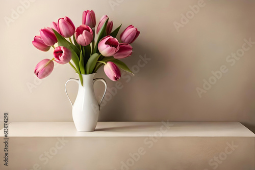Tulip bouquet in a vase on a beige background
