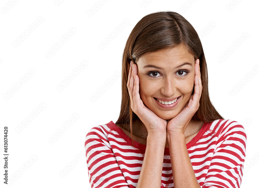 Happy, smile and portrait of young woman holding her face with confidence and beauty. Casual, excited and headshot of pretty female model with positive mindset isolated by transparent png background. Happy, smile and portrait of young woman holding her face with confidence and beauty. Casual, excited and headshot of pretty female model with positive mindset isolated by transparent png background.