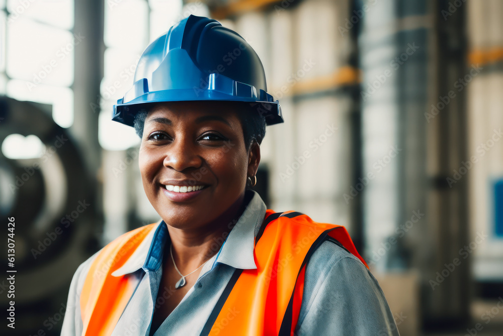 Digital portrait of a smiling senior confident female industrial engineer standing in Heavy Industry manufacturing. Concept of active age. Generative AI Digital portrait of a smiling senior confident female industrial engineer standing in Heavy Industry manufacturing. Concept of active age. Generative AI