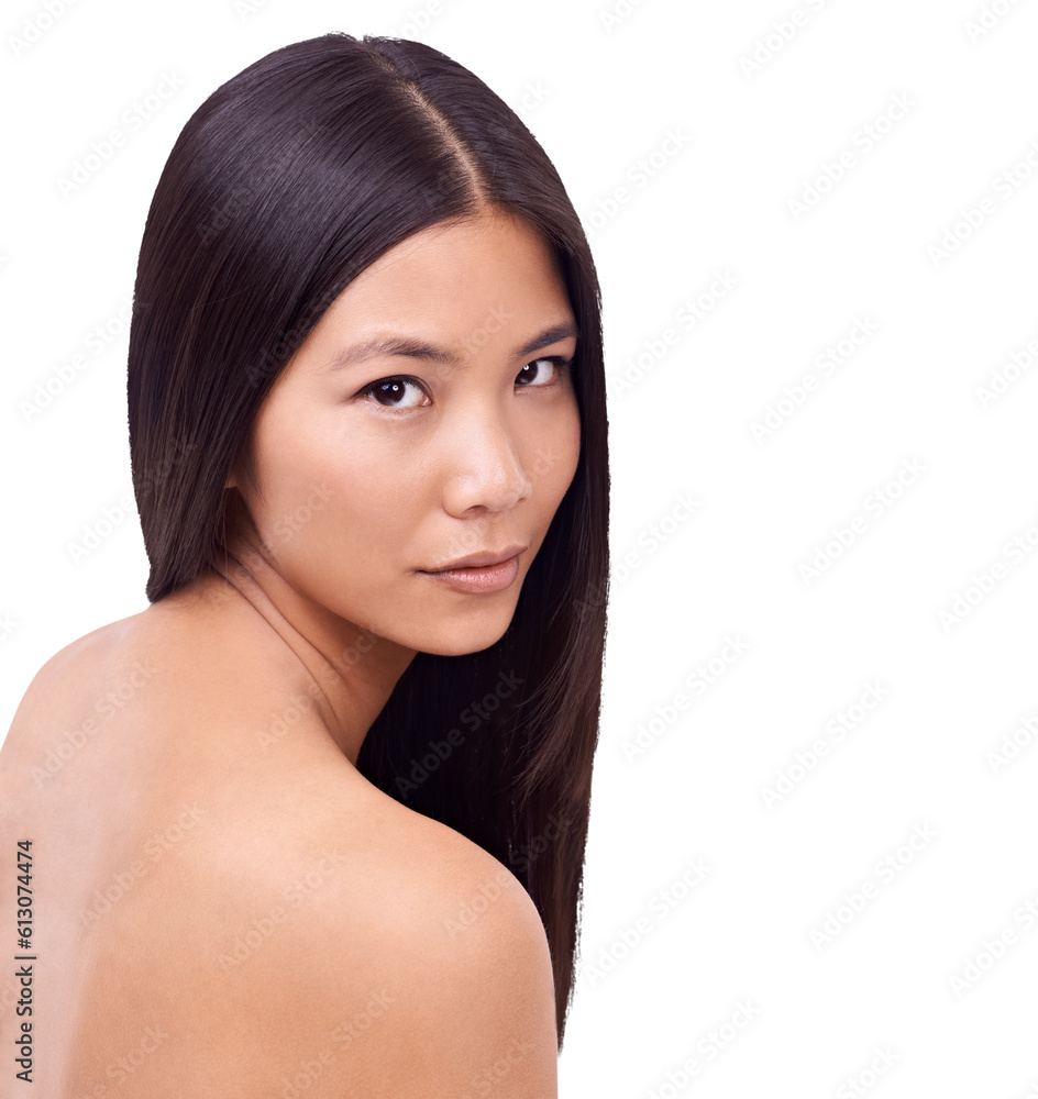 Fototapeta premium Asian woman, portrait and hair in natural beauty or salon treatment isolated on a transparent PNG background. Face of female person or model with long hairstyle in relax for cosmetic haircare product