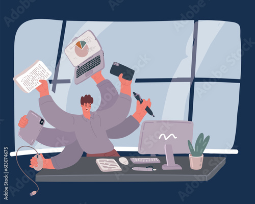 Cartoon vector illustration of Businessman with multi tasking skills working in office
