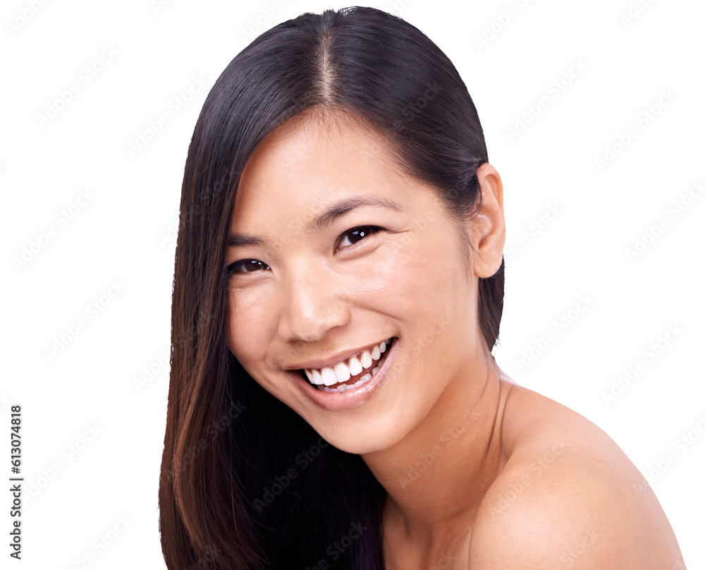 Happy asian woman, portrait smile and natural beauty for salon treatment isolated on a transparent PNG background. Face of female person or model smiling for haircare cosmetics, products or keratin Happy asian woman, portrait smile and natural beauty for salon treatment isolated on a transparent PNG background. Face of female person or model smiling for haircare cosmetics, products or keratin