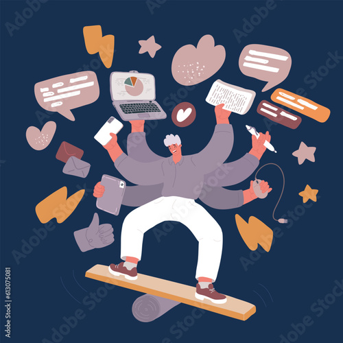Cartoon vector illustration of Career experience concept. Man balances on unstable board. Icons with different skills. Employee, analyst, manager. Time management, responsibility, diligence.