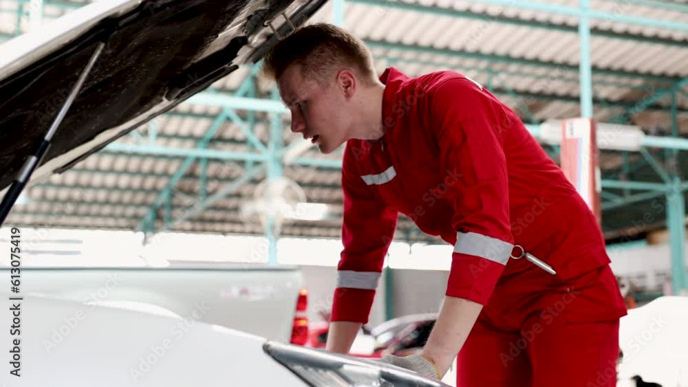 Caucasian mechanic standing in front of car hood open checking machine system overall when finished fixing after damaged accident, efficiency good services garage working inspect before delivering Caucasian mechanic standing in front of car hood open checking machine system overall when finished fixing after damaged accident, efficiency good services garage working inspect before delivering