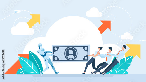 Competition of artificial intelligence with humans. Robot takes away work and money from workers. People team tug money of war battle with robot. Human vs cyborg competition. Vector illustration