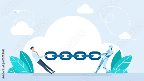 Human and robot competition in business. Businessman tug of war battle vs robot. Character tear chain with artificial intelligence robot. Human vs cyborg competition, robotization. Vector illustration photo