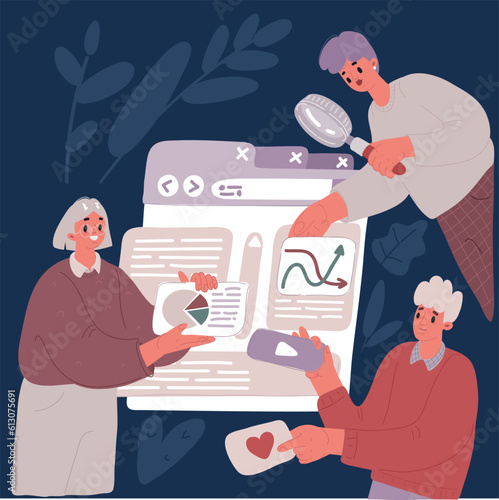 Cartoon vector illustration of Young smiling people working on laptop computer. Content filling, content management and social media concept.