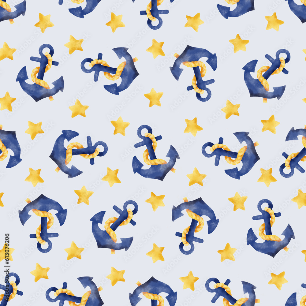 Seamless pattern with anchors and stars. Hand drawn illustration. Seamless pattern with anchors and stars. Hand drawn illustration.