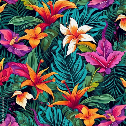 Wallpaper Mural Tropical flowers, Palm leaves on white background, watercolor botanical. Seamless patterns Torontodigital.ca