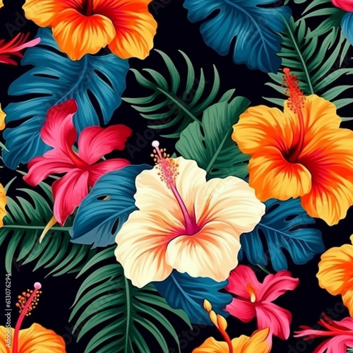 Vector seamless pattern of green tropical leaves with plumeria  strelitzia and hibiscus flowers on black background. Summer or spring repeat tropical backdrop. Exotic jungle ornament