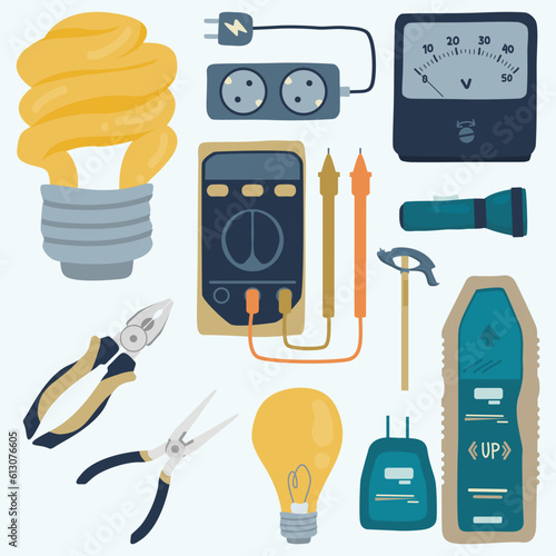 Set of Electrician Tools Cute Hand Drawn Illustration