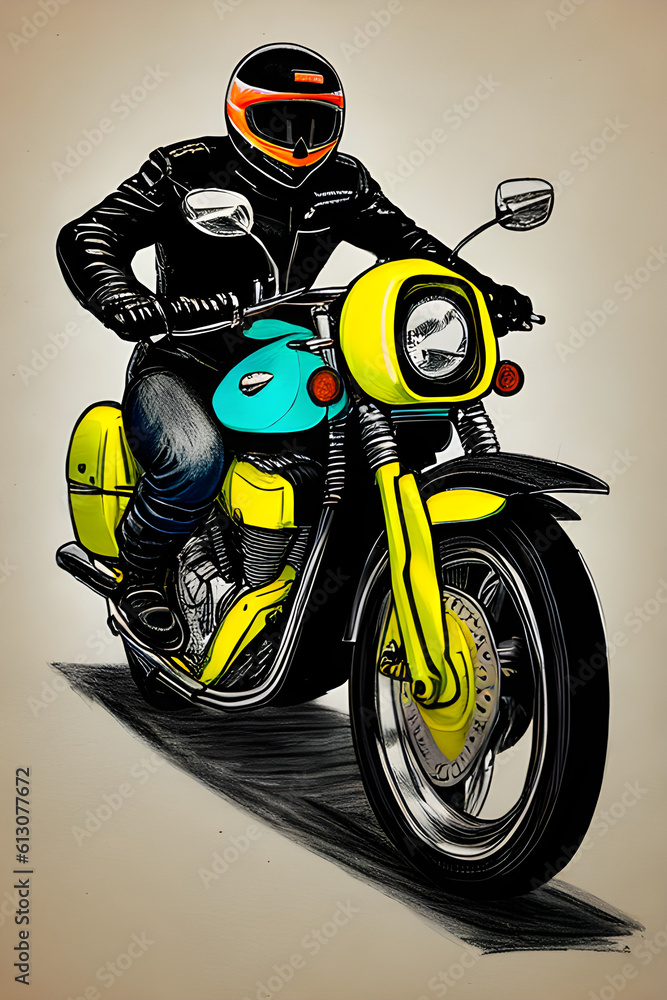 A drawing of a motorcycle. (AI-generated fictional illustration)
A drawing of a motorcycle. (AI-generated fictional illustration)