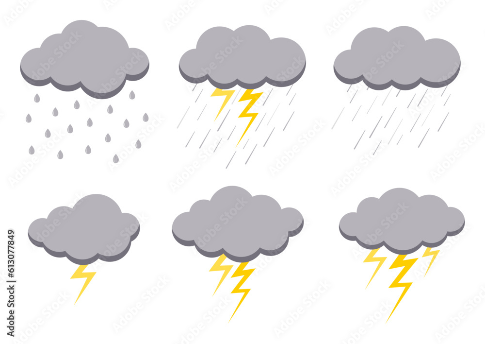 Clouds with rainy weather icon set isolated on white background. Illustration of light rain, shower, lightning thunder and thunderstorm. Rainy cloud vector collection in flat cartoon style. Clouds with rainy weather icon set isolated on white background. Illustration of light rain, shower, lightning thunder and thunderstorm. Rainy cloud vector collection in flat cartoon style.