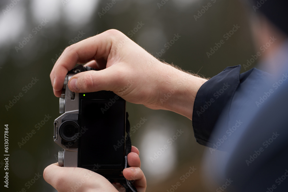 Young Photographer man using Camera to Take Photo. POV Selective focus on LCD Screen mockup Young Photographer man using Camera to Take Photo. POV Selective focus on LCD Screen mockup