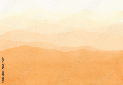 Watercolor background with a panoramic view of the mountains, hills, desert, in pastel yellow, orange and brown shades. Drawn by hand. For design and decoration with place for text.