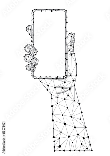 Hand holds wireframe mobile phone low poly style vector illustration. Line with dot smartphone device in hand isolated on white background. Abstract polygonal gadget with touchscreen image.