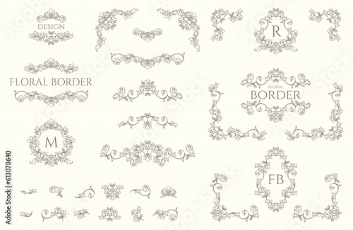 Contour drawing of flowers and leaves. Set of vintage corners, borders and monogram frames. Floral classic decorative elements.