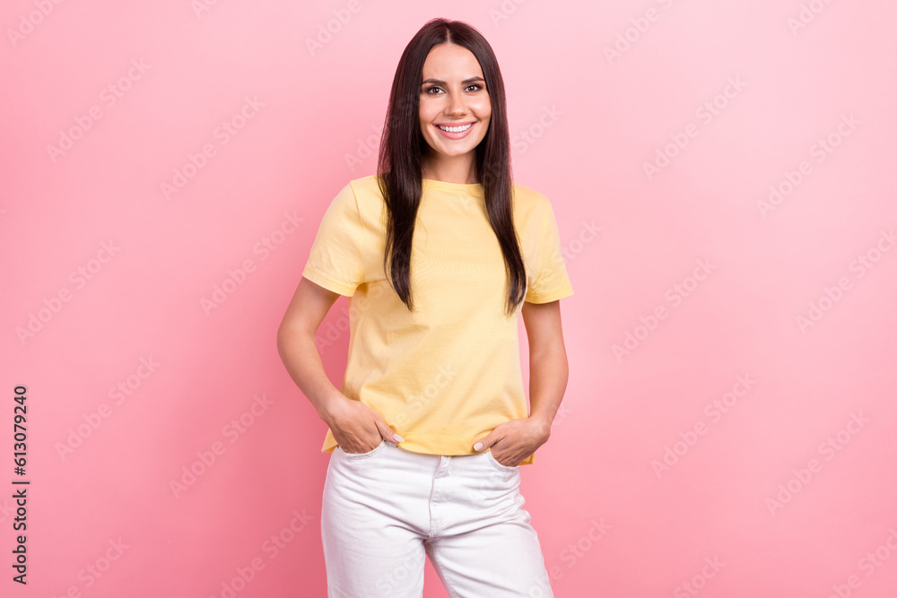 Photo of charming confident female agent posing photographing wear yellow shirt white jeans pants isolated pink color background Photo of charming confident female agent posing photographing wear yellow shirt white jeans pants isolated pink color background