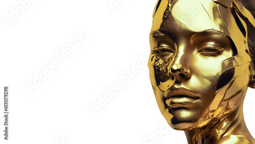 The skin of a golden woman. Beauty fashion model girl with golden makeup on black background. Metallic, look Fashion art portrait.Luxury Skin Care Concept. generative AI