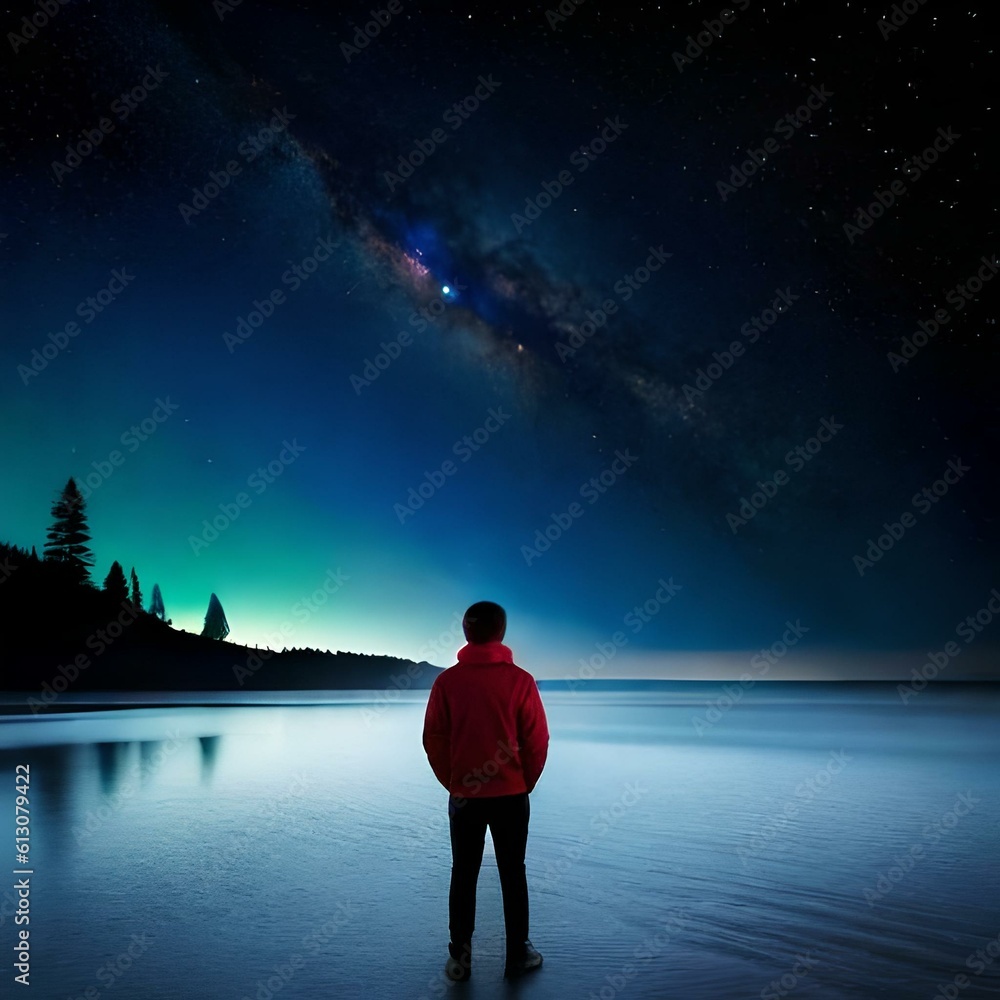 illustration of a boy looking at the night starry sky. Generative AI