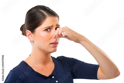 Stink, portrait of a woman pinch her nose for smell of fart and isolated against a transparent png background. Disgusted, stinking and young female person pose for covering of a smelly scent