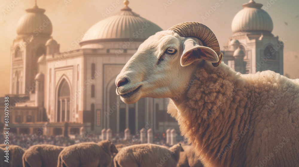 Obraz premium Sheep and Mosque on Eid Al Adha Festival