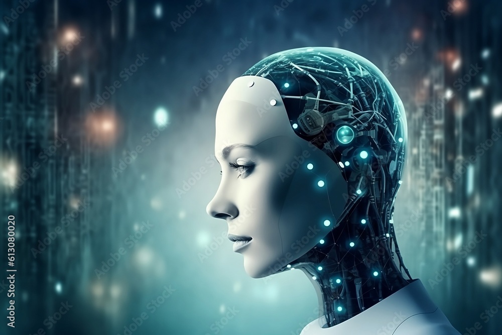 Female robot face, Artificial intelligence. Generative AI Female robot face, Artificial intelligence. Generative AI