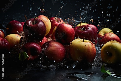 Red Apples Fall in Water, Apple Juice Explosion, Dark Background, Abstract Generative AI Illustration