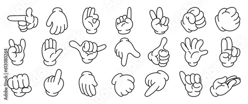 Set of 70s groovy comic hand vector. Collection of cartoon character hands, in different poses, okay, pointing, victory sign, high five. Cute retro groovy hippie illustration for decorative, sticker.
