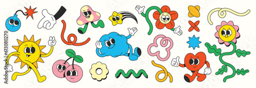 Set of 70s groovy element vector. Collection of cartoon characters, doodle smile face, flower, donut, bomb, star, sparkle, bubble, cherry, sun. Cute retro groovy hippie design for decorative, sticker.