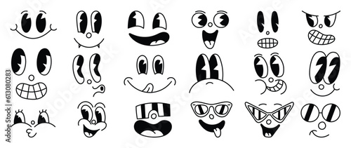 Set of 70s groovy comic faces vector. Collection of cartoon character faces  in different emotions  happy  angry  with sunglasses. Cute retro groovy hippie illustration for decorative  sticker.