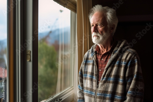 Retired man sad depressed near the window. Generative AI, Generative AI