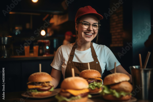 Happy caucasian waitress holding burgers at restaurant. Generative AI., Generative AI
