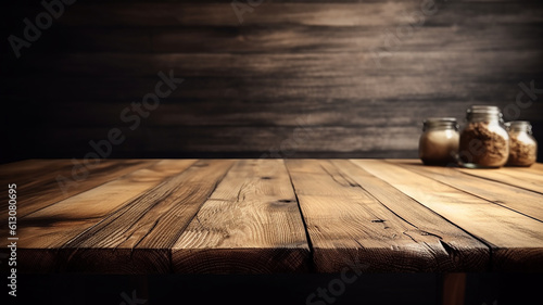 Wooden Table Background Free Space Your Decoration, Dark room studio, Generative AI