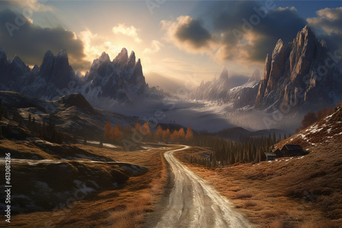 Road in the mountains. Stunning illustration generated by Ai © Cheport