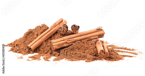 Ceylon cinnamon sticks and ground cinnamon isolated on a white background