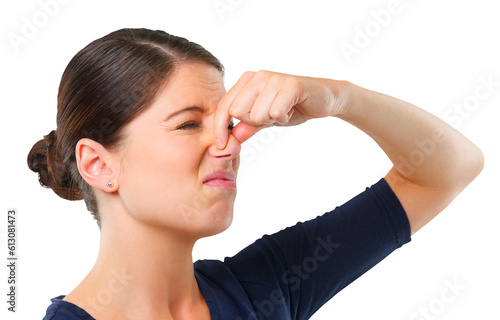 Fotografie Holding nose, disgust or woman frustrated by bad smell or odor isolated on transparent png background