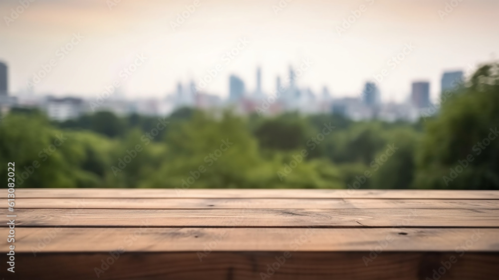Fototapeta premium Free Space Empty Wooden Table for Display product, Blurred City Park, Generative AI 