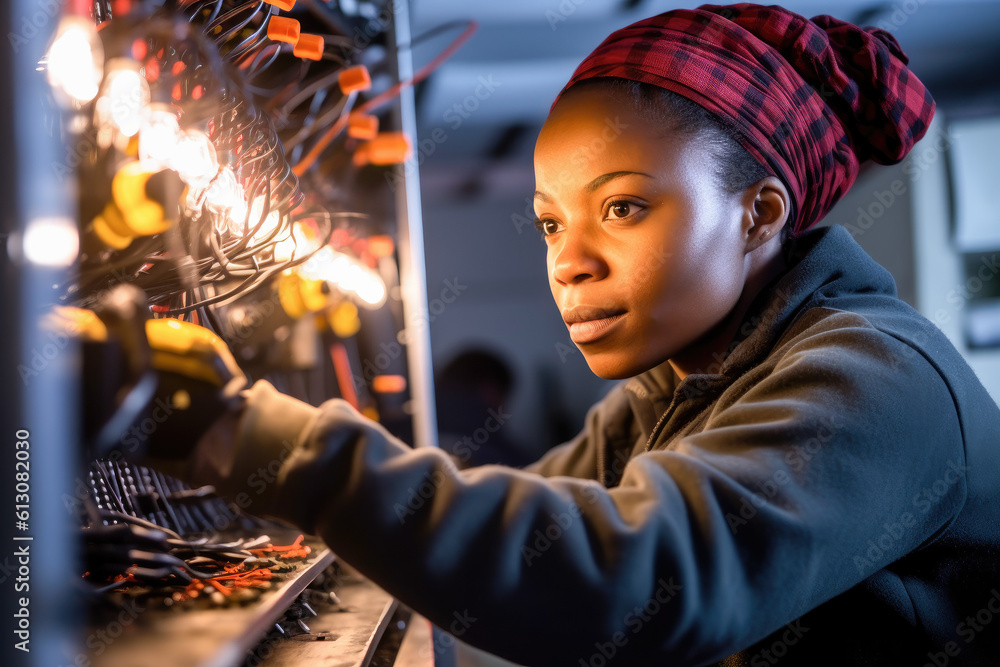 A young black female electrician working to fix a problem in a house. Generative AI. A young black female electrician working to fix a problem in a house. Generative AI.