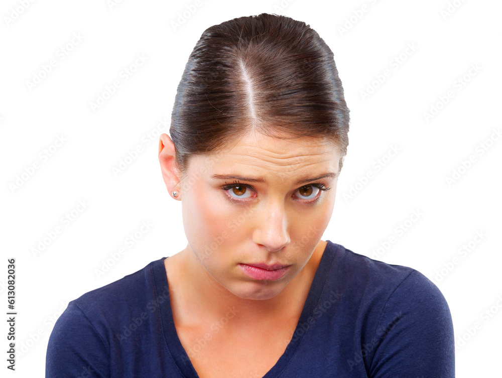 Woman, portrait with ashamed face and sorry, mistake or fail with regret and sad isolated on transparent png background. Female person with anxiety, facial expression and embarrassed, shy and guilty Woman, portrait with ashamed face and sorry, mistake or fail with regret and sad isolated on transparent png background. Female person with anxiety, facial expression and embarrassed, shy and guilty
