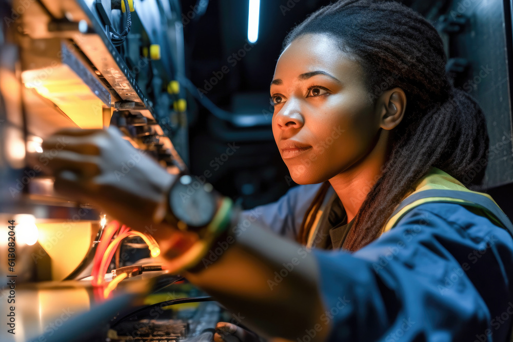 A young black female electrician working to fix a problem in a house. Generative AI. A young black female electrician working to fix a problem in a house. Generative AI.