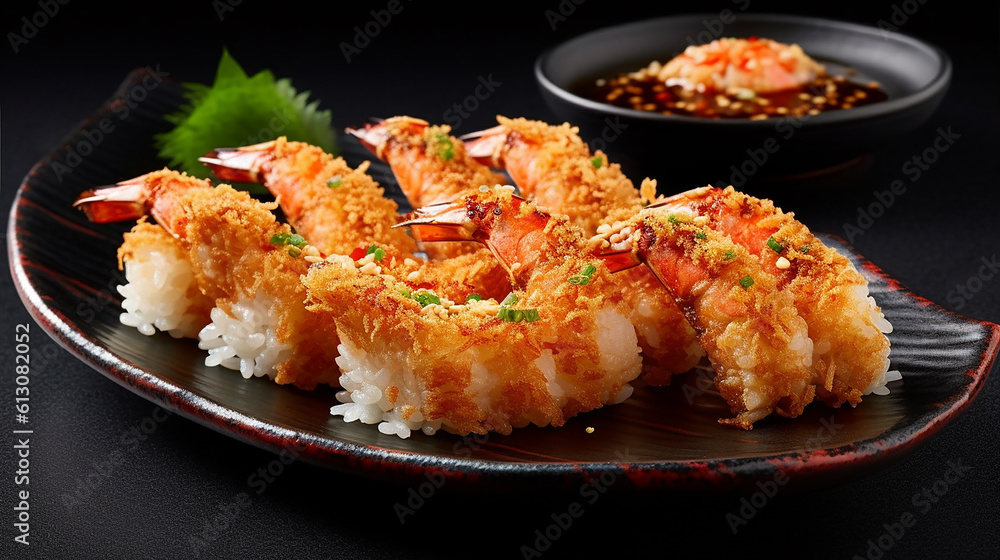 Generative AI image of an exquisite Japanese-style prawn dish: succulent prawns perfectly tempura-battered and fried to a golden crisp, best served alongside a bed of delicate sushi rice Generative AI image of an exquisite Japanese-style prawn dish: succulent prawns perfectly tempura-battered and fried to a golden crisp, best served alongside a bed of delicate sushi rice