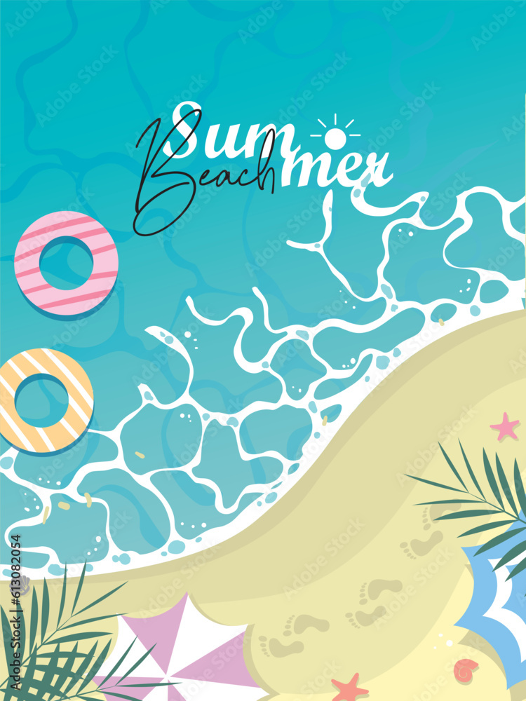 Summer travel flyers with beach items and wave. Top view. Vector illustration. Tropical beach poster. Vector illustration.