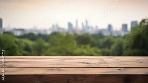 Free Space Empty Wooden Table for Display product, Blurred City Park, Generative AI 