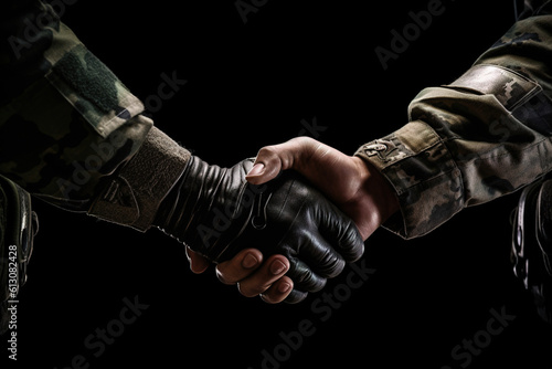 Truce. Handshake of two unrecognisable military persons. Photorealistic generative art