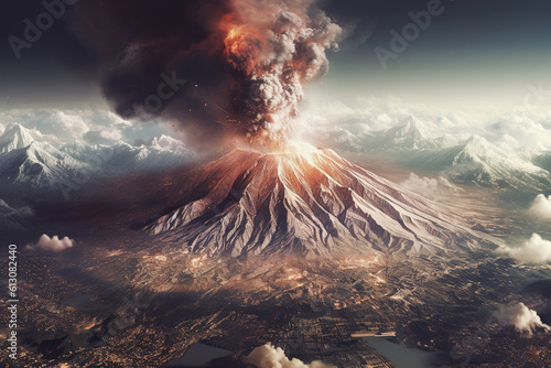 Eruption of massive Volcano, aerial view, stunning photorealistic art © Cheport