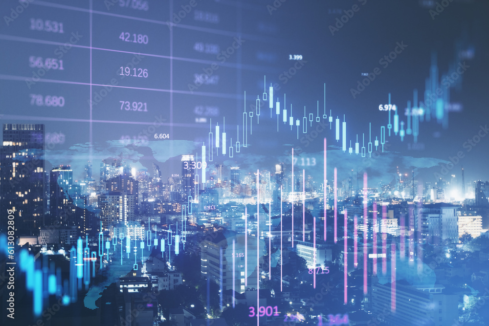 Glowing candlestick forex chart on blurry night city backdrop. Investment, profit and financial growth concept. Double exposure.
