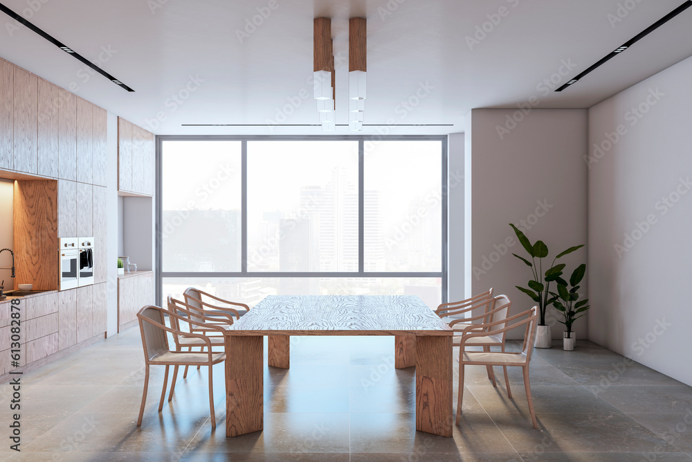 Fototapeta premium Side view of modern kitchen interior design with wooden dining table with chairs, tiles floor and contemporary lamps. 3D Rendering
