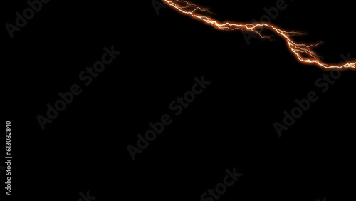 Isolated realistic orange electrical lightning strike visual effect on black night background. Thunder Light Stock Background.
