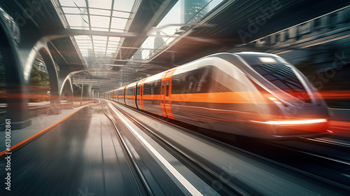 International bullet train blurred in motion. Photorealistic illustration generated by Ai